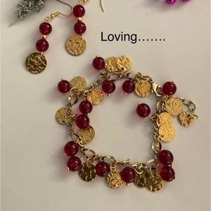 Red and Gold Jewelry Set. Red Glass Beads with Gold Circle Charms. Valentines